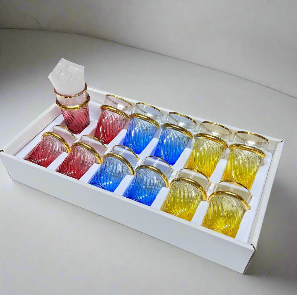 🥂 Inttox – Set de 12 Verres à Thé Marocains Colorés avec Finition Dorée ✨