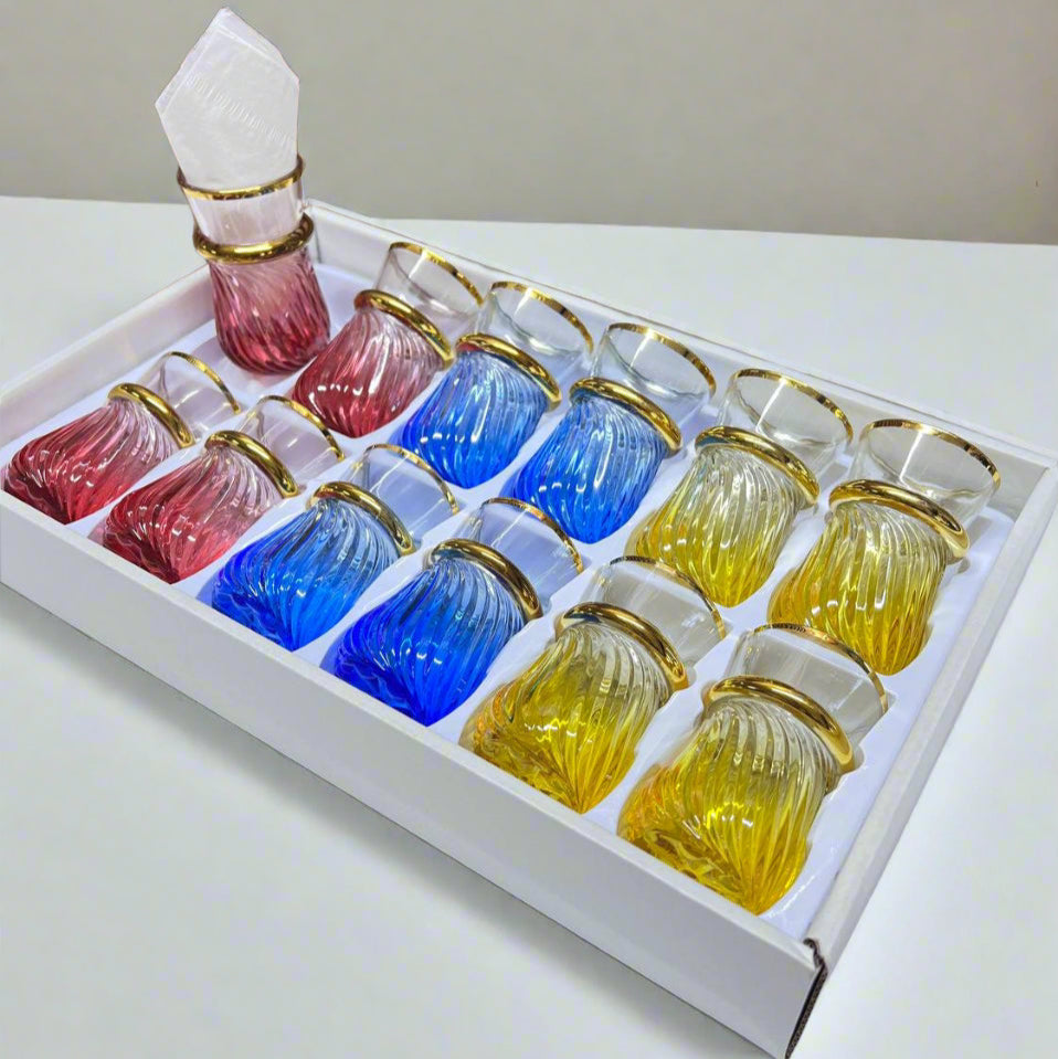 🥂 Inttox – Set de 12 Verres à Thé Marocains Colorés avec Finition Dorée ✨