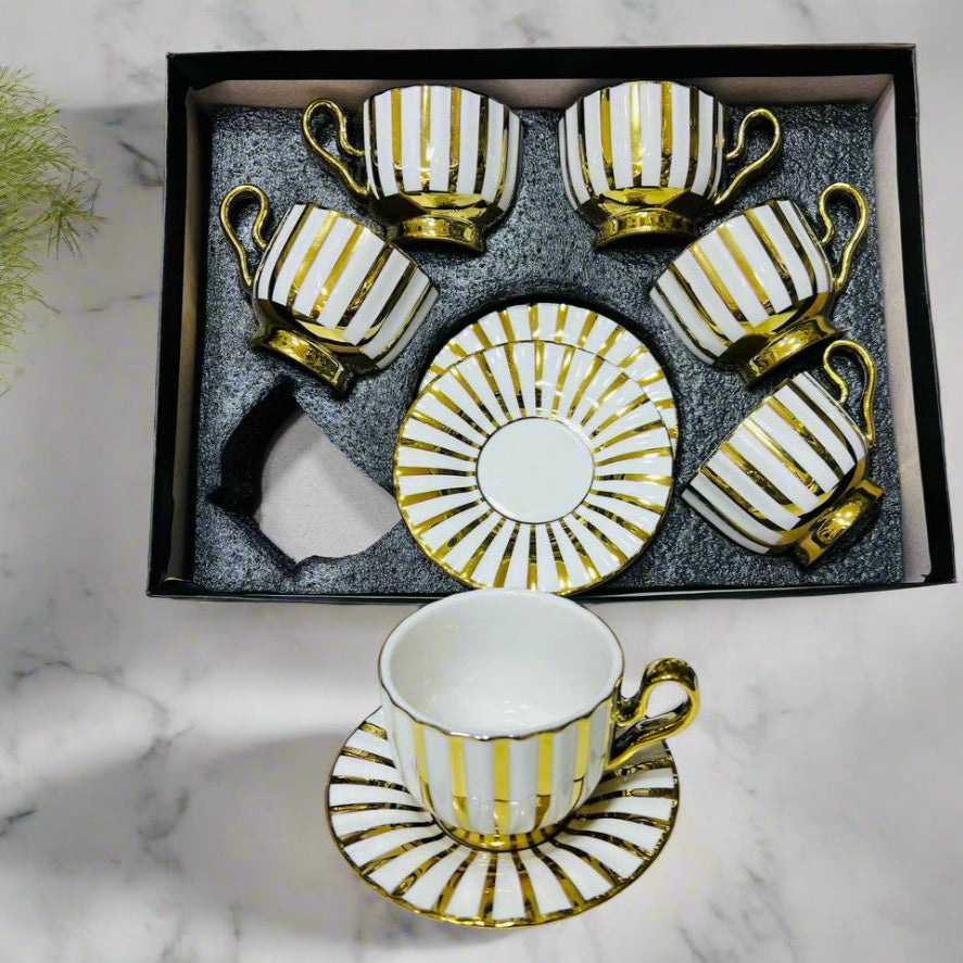 Inttox-✨☕ Service de Tasses à Café Rayées Or & Blanc – Élégance Royale (12 Pièces) 👑🎁