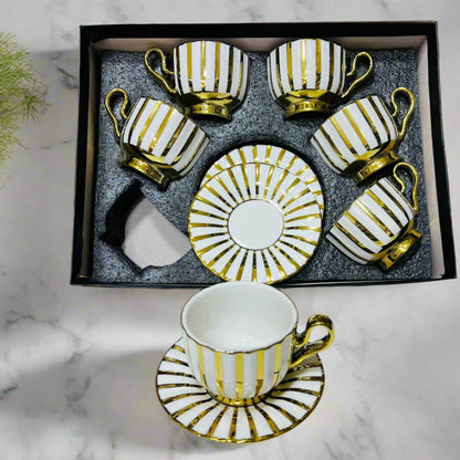 Inttox-✨☕ Service de Tasses à Café Rayées Or & Blanc – Élégance Royale (12 Pièces) 👑🎁
