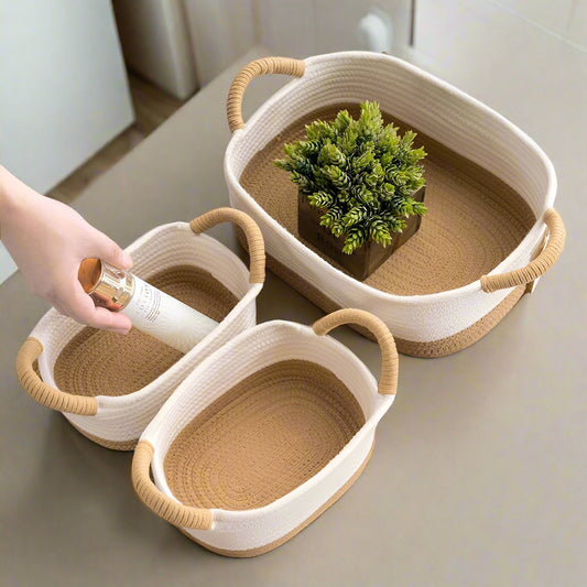 Inttox-🧺✨ Lot de 3 Paniers de Rangement en Corde de Paille & Coton avec Poignées  🌿