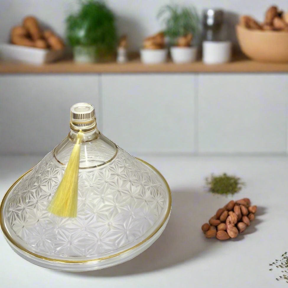 Inttox-✨ Tajine en Verre Transparent avec Design Doré et Pompon Décoratif ✨