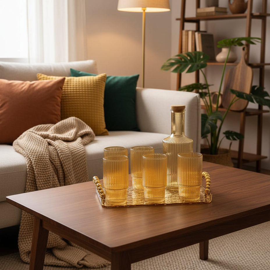 Inttox-🥂 Service à eau en verre doré avec plateau 8 Piece