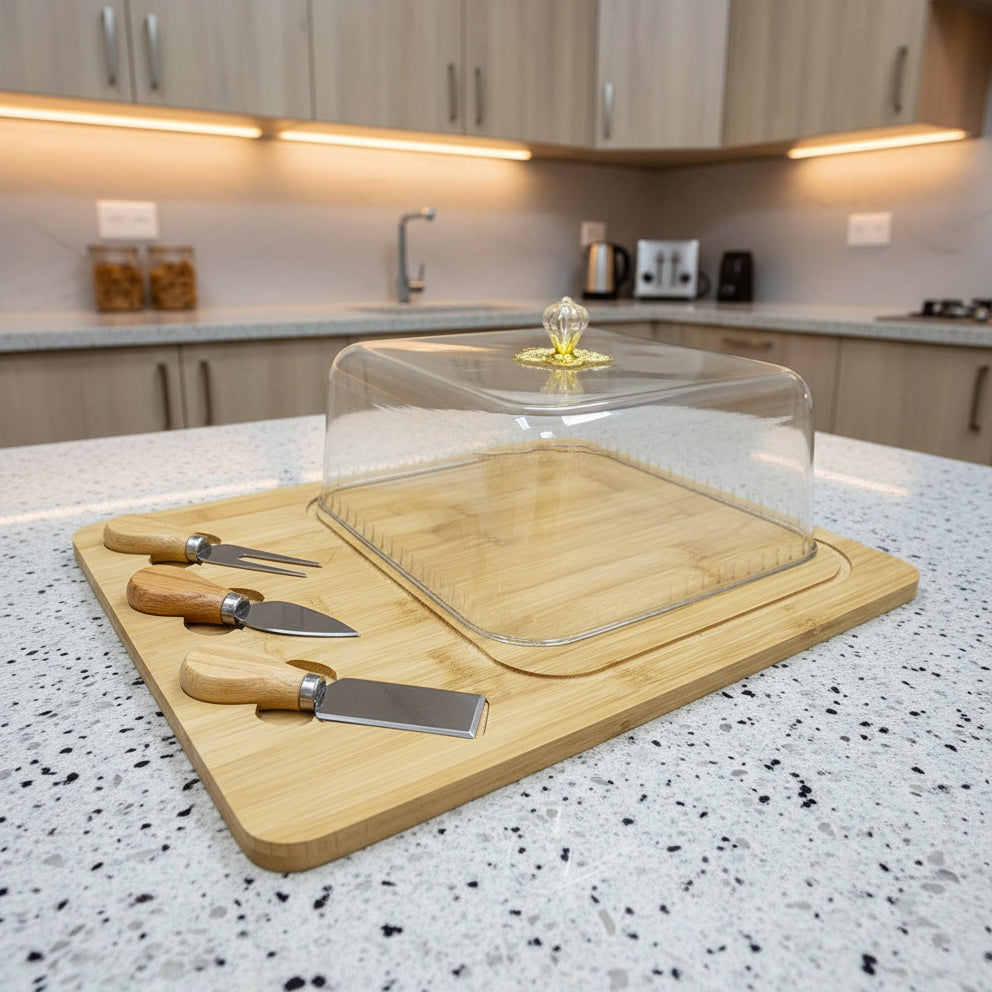 Inttox-🧀 Plateau à Fromage en Bambou avec Cloche & Couteaux