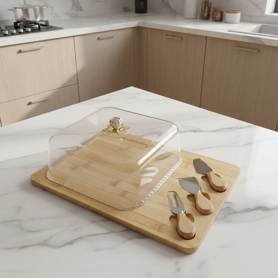 Inttox-🧀 Plateau à Fromage en Bambou avec Cloche & Couteaux