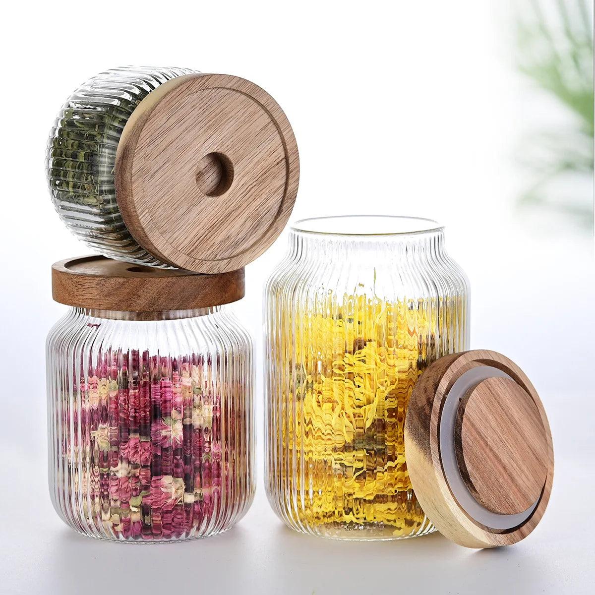 Inttox-Lot de 3 bocaux de cuisine en verre transparent avec couvercle hermétique en bambou pour bonbons