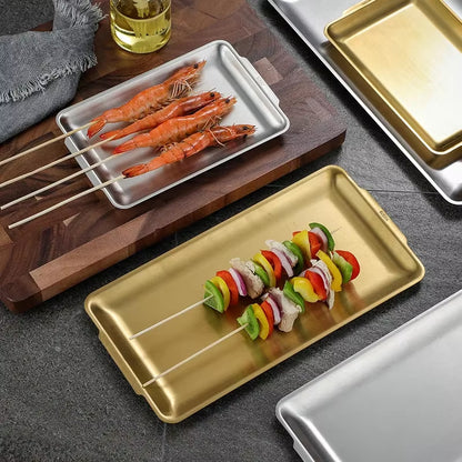 Inttox-🍽️ Assiette Rectangulaire en Acier Inoxydable 304 Dorée – Assiette à Légumes & Sushi de Style Coréen Épaissie ✨