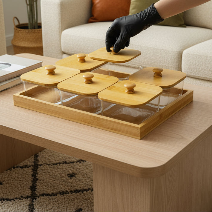 Inttox-🍯 Ensemble de Bocaux en Verre avec Couvercles et Plateau en Bambou