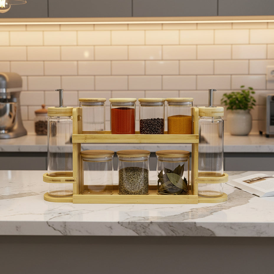 Inttox-🍯 Ensemble d’organisateurs de cuisine en verre & bambou