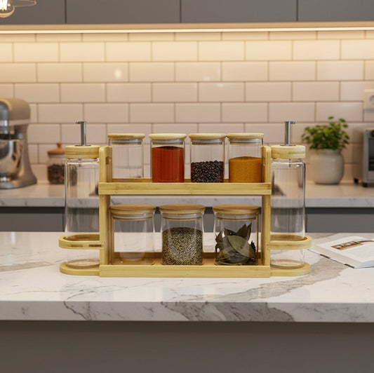Inttox-🍯 Ensemble d’organisateurs de cuisine en verre & bambou