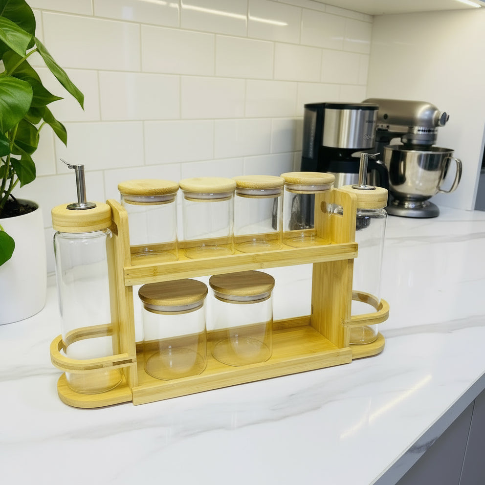 Inttox-🍯 Ensemble d’organisateurs de cuisine en verre & bambou