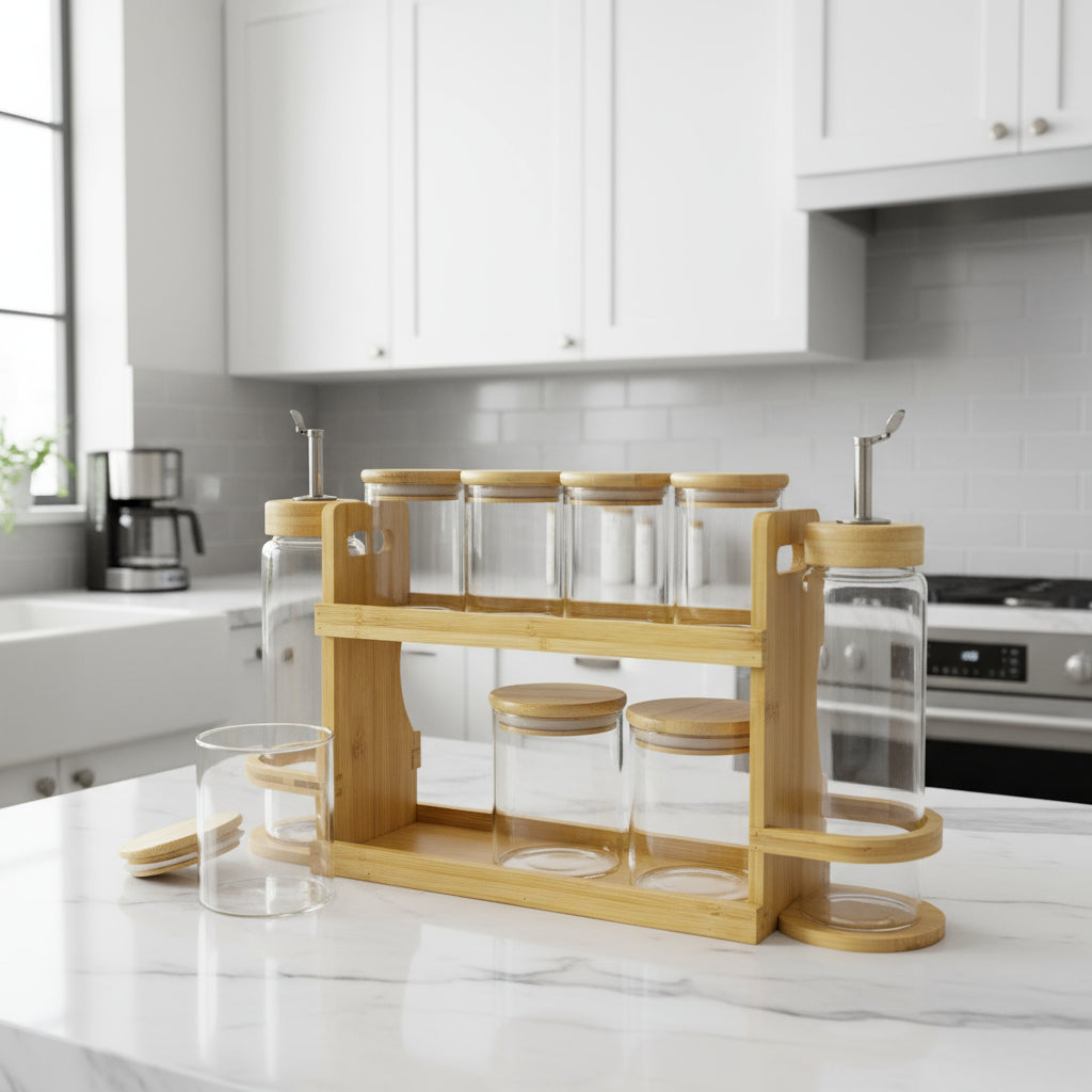 Inttox-🍯 Ensemble d’organisateurs de cuisine en verre & bambou