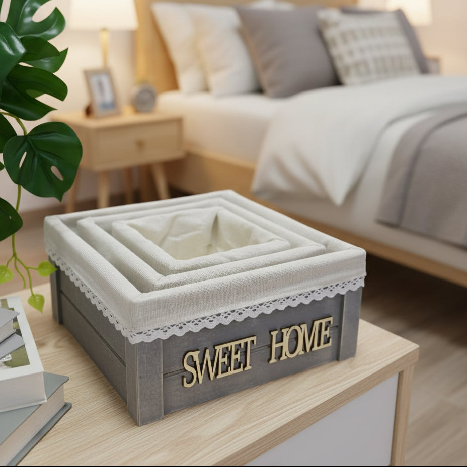 Inttox-🏡 Ensemble de paniers décoratifs “HOME” en bois & tissu
