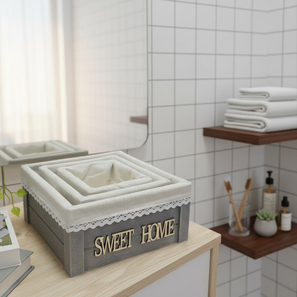 Inttox-🏡 Ensemble de paniers décoratifs “HOME” en bois & tissu