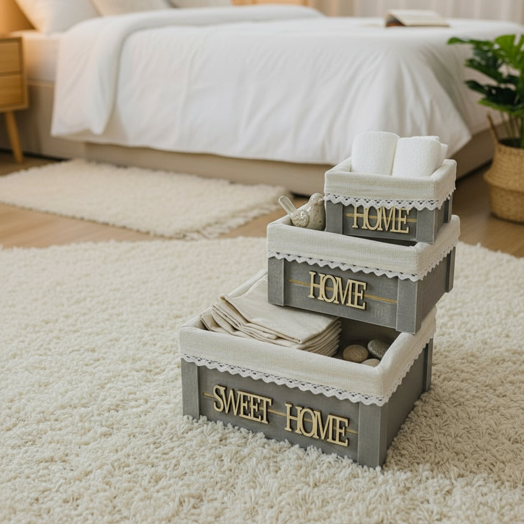 Inttox-🏡 Ensemble de paniers décoratifs “HOME” en bois & tissu