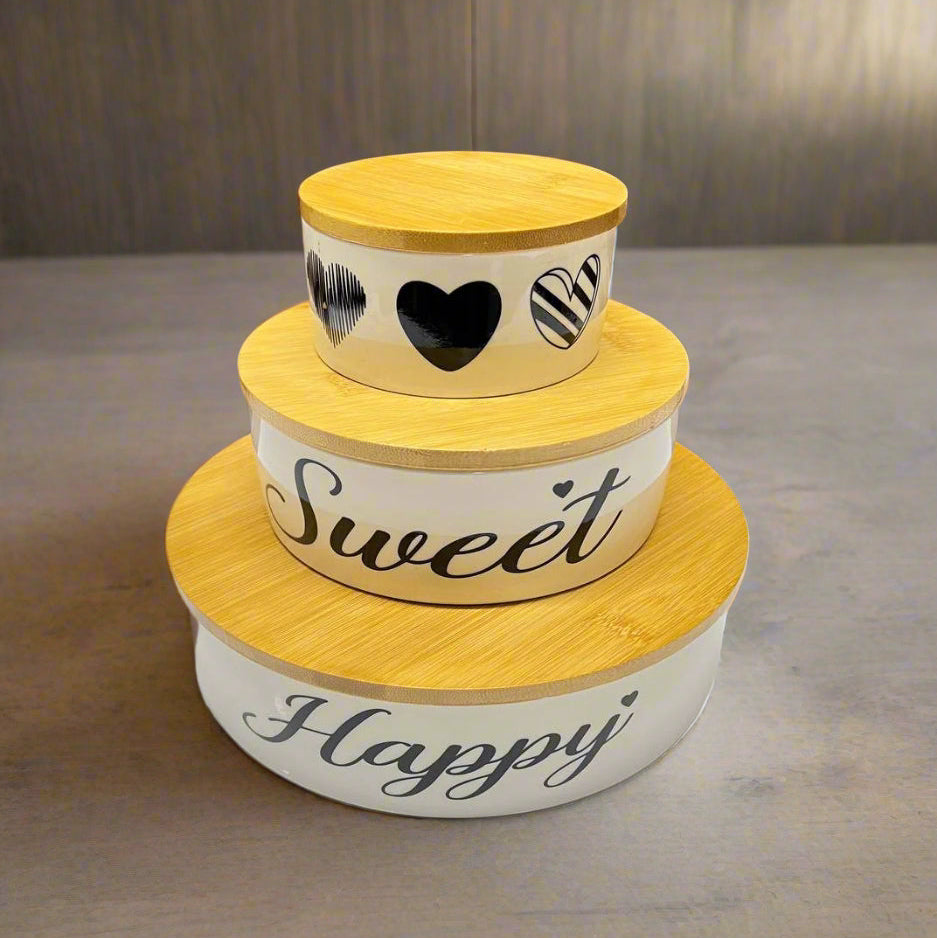 Inttox-🫙✨ Ensemble de Boîtes de Rangement "Sweet & Happy" – 3 pièces avec Couvercles en Bambou 💛🌿