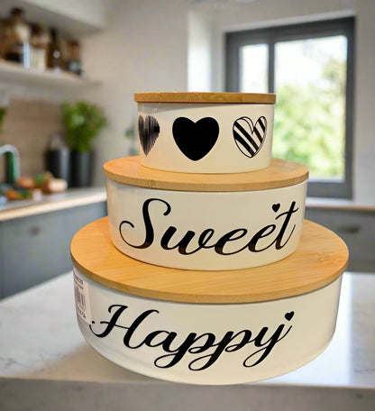 Inttox-🫙✨ Ensemble de Boîtes de Rangement "Sweet & Happy" – 3 pièces avec Couvercles en Bambou 💛🌿
