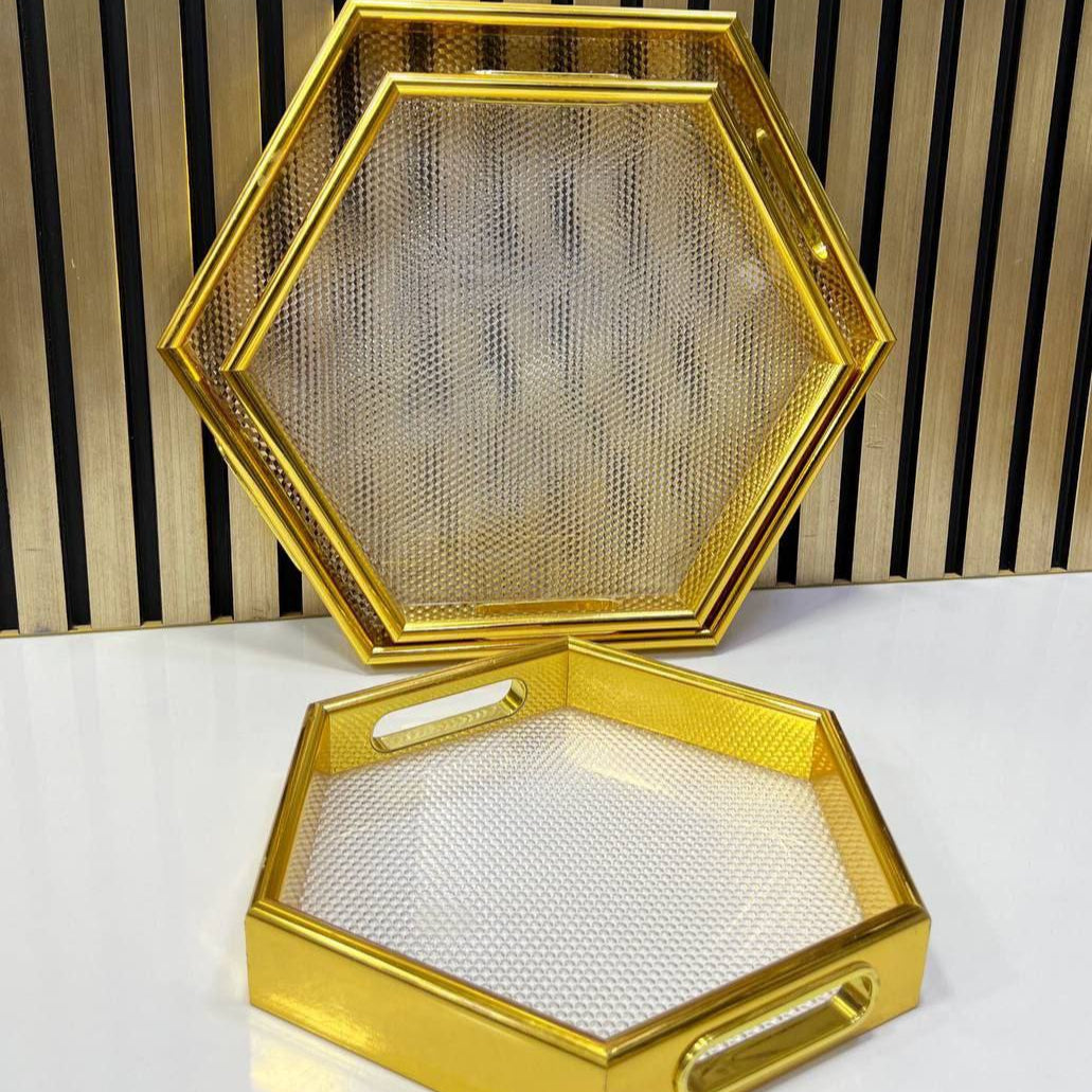 Inttox-🍯✨ Plateaux Hexagonaux en Bois de Bambou avec Poignées Dorées – Lot de 3 🪵🍵