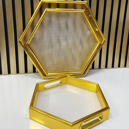 Inttox-🍯✨ Plateaux Hexagonaux en Bois de Bambou avec Poignées Dorées – Lot de 3 🪵🍵