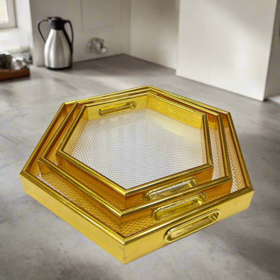 Inttox-🍯✨ Plateaux Hexagonaux en Bois de Bambou avec Poignées Dorées – Lot de 3 🪵🍵