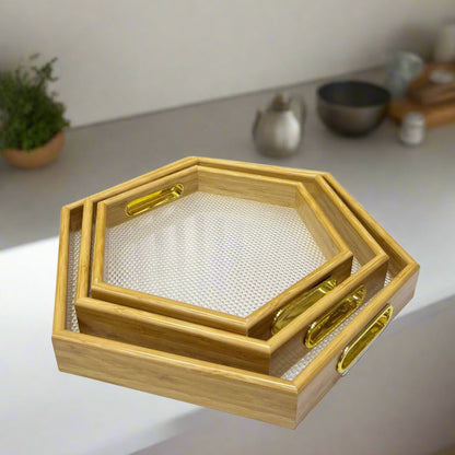 Inttox-🍯✨ Plateaux Hexagonaux en Bois de Bambou avec Poignées Dorées – Lot de 3 🪵🍵