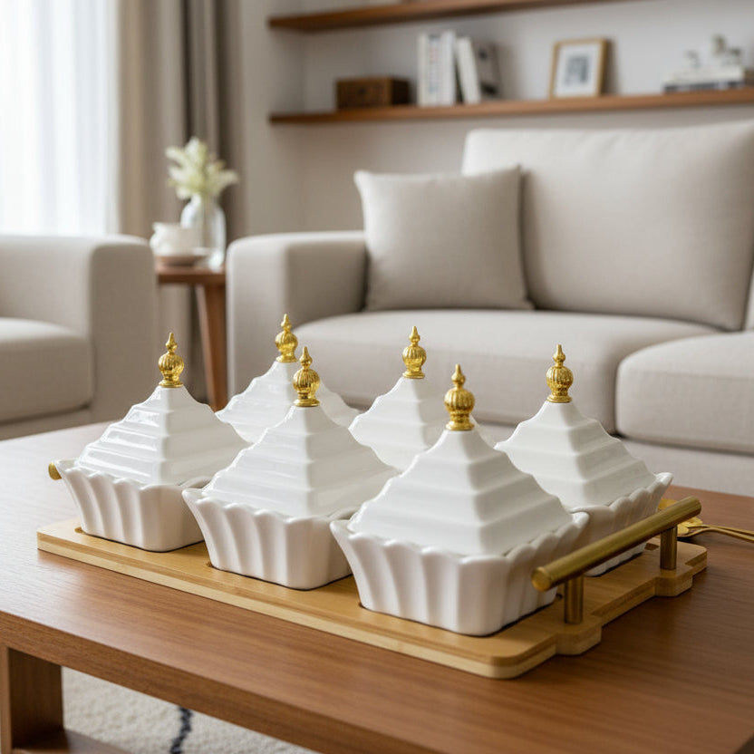 Inttox-Plateau de condiments en céramique blanche et base en bambou naturel