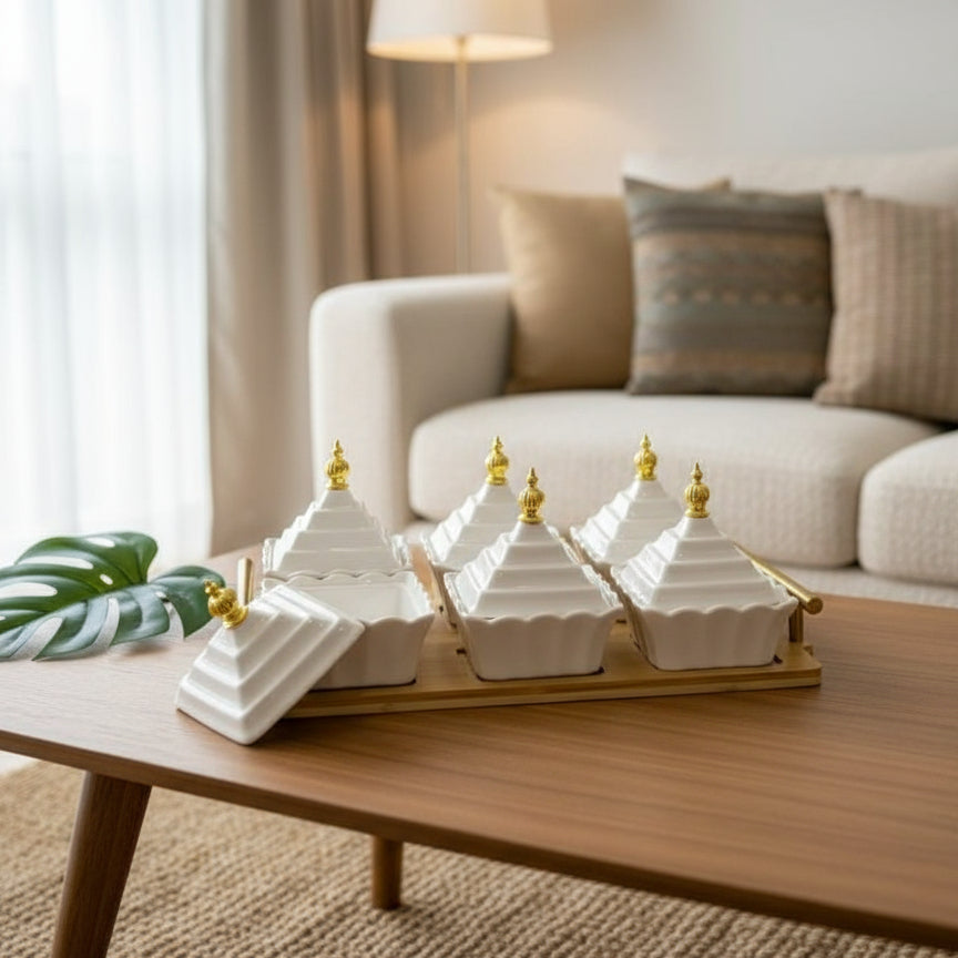 Inttox-Plateau de condiments en céramique blanche et base en bambou naturel