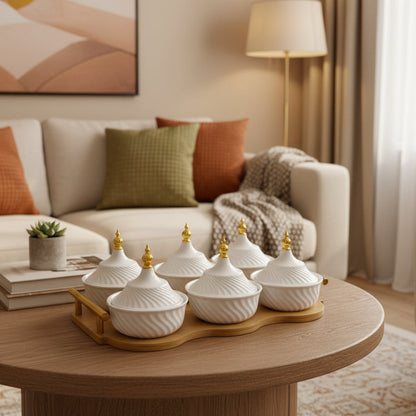 Inttox-Plateau de condiments en céramique blanche et base en bambou naturel