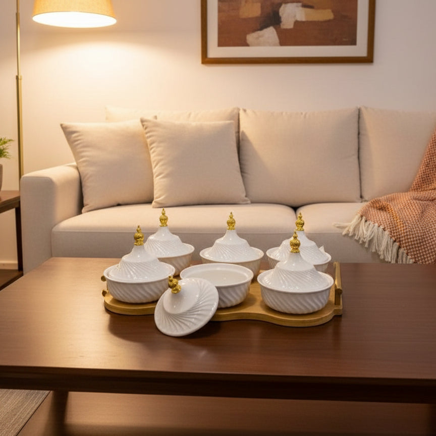 Inttox-Plateau de condiments en céramique blanche et base en bambou naturel