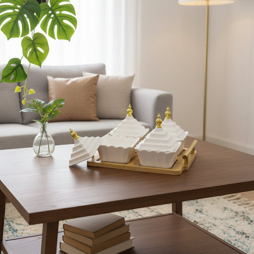 Inttox-Plateau de condiments en céramique blanche et base en bambou naturel