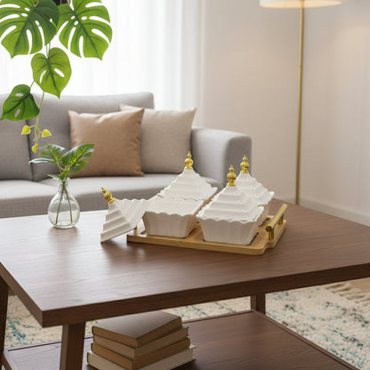 Inttox-Plateau de condiments en céramique blanche et base en bambou naturel