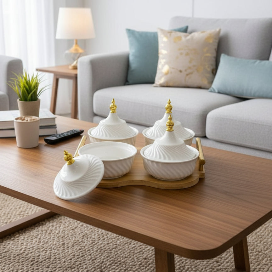 Inttox-Plateau de condiments en céramique blanche et base en bambou naturel