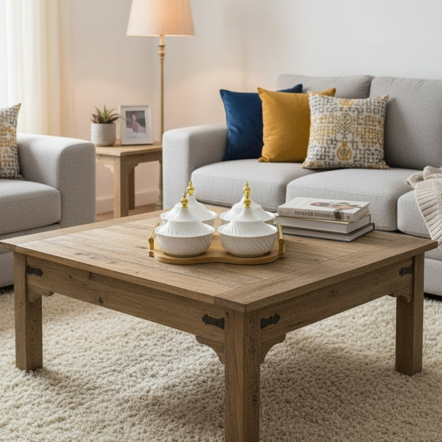 Inttox-Plateau de condiments en céramique blanche et base en bambou naturel