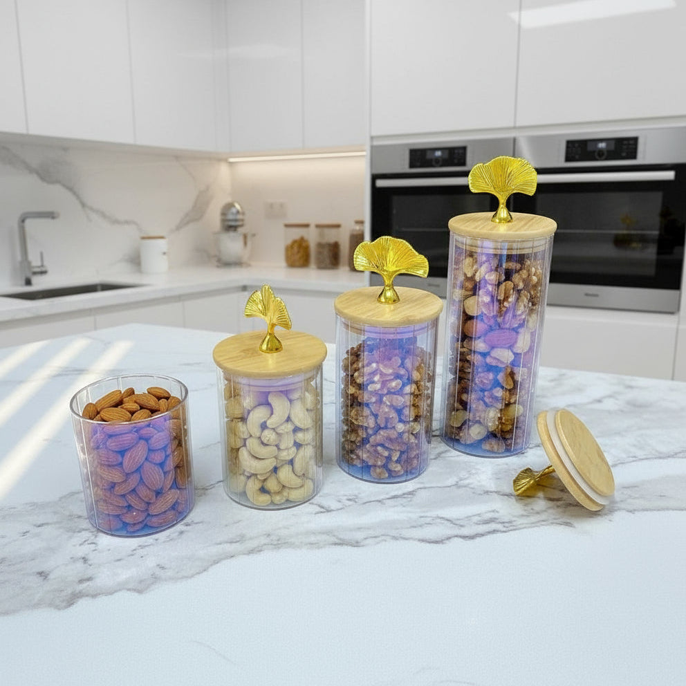 Inttox-Set de bocaux décoratifs en verre irisé  avec couvercles en bois et poignée dorée