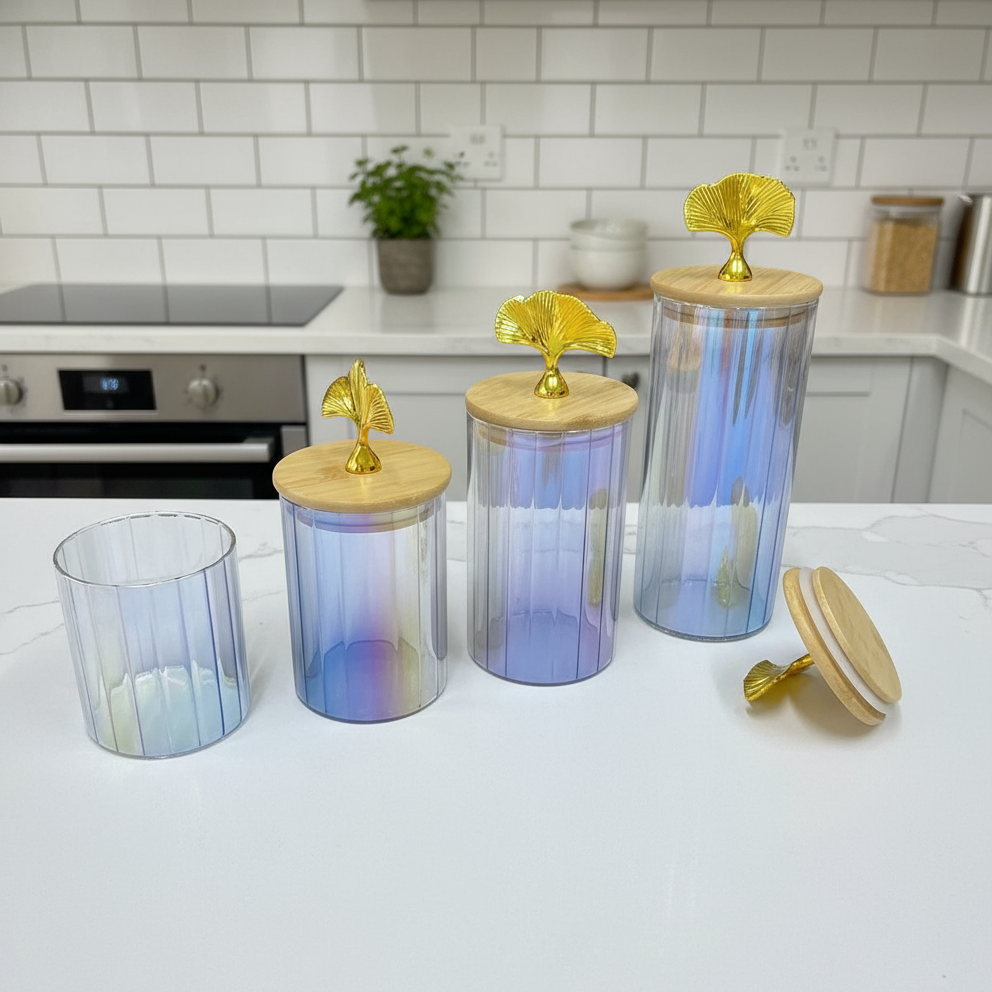 Inttox-Set de bocaux décoratifs en verre irisé  avec couvercles en bois et poignée dorée