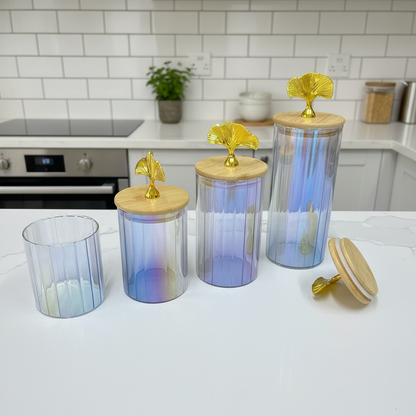 Inttox-Set de bocaux décoratifs en verre irisé  avec couvercles en bois et poignée dorée