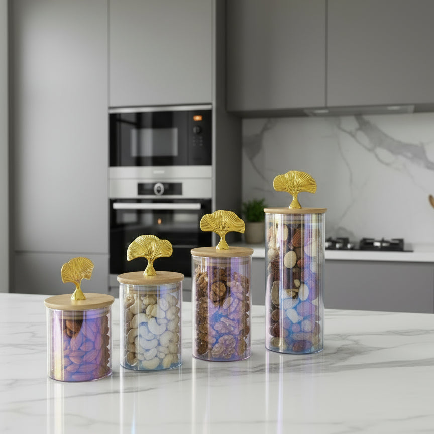 Inttox-Set de bocaux décoratifs en verre irisé  avec couvercles en bois et poignée dorée