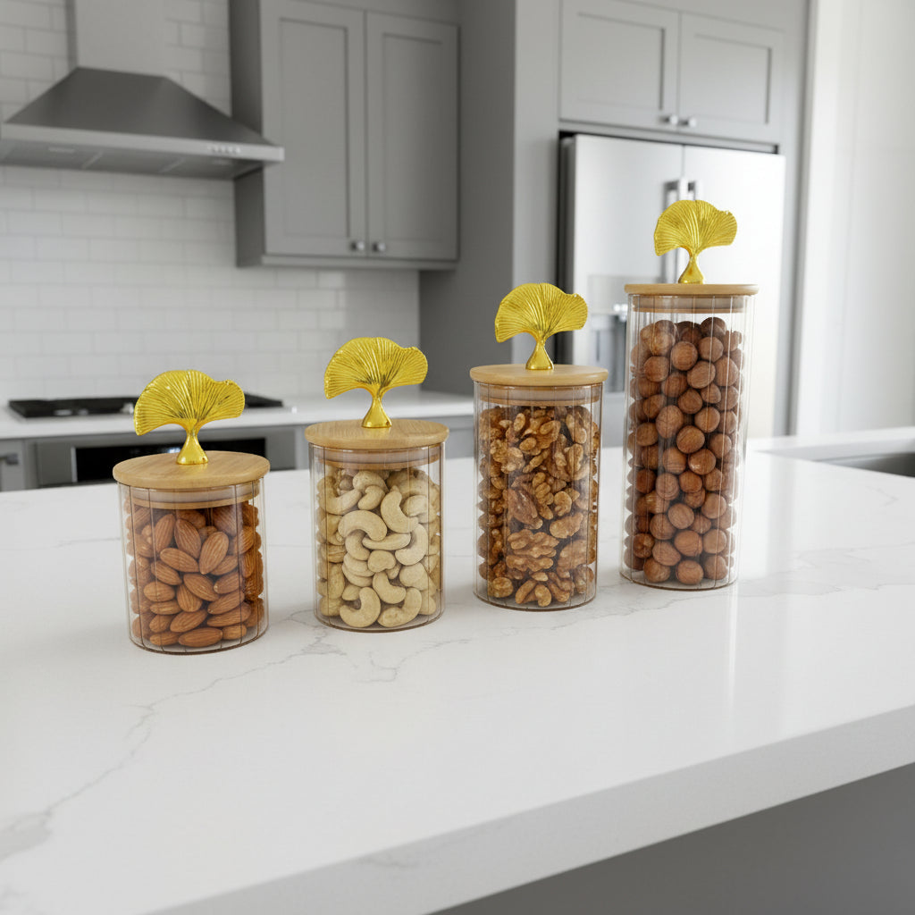 Inttox-Set de bocaux décoratifs en verre irisé  avec couvercles en bois et poignée dorée