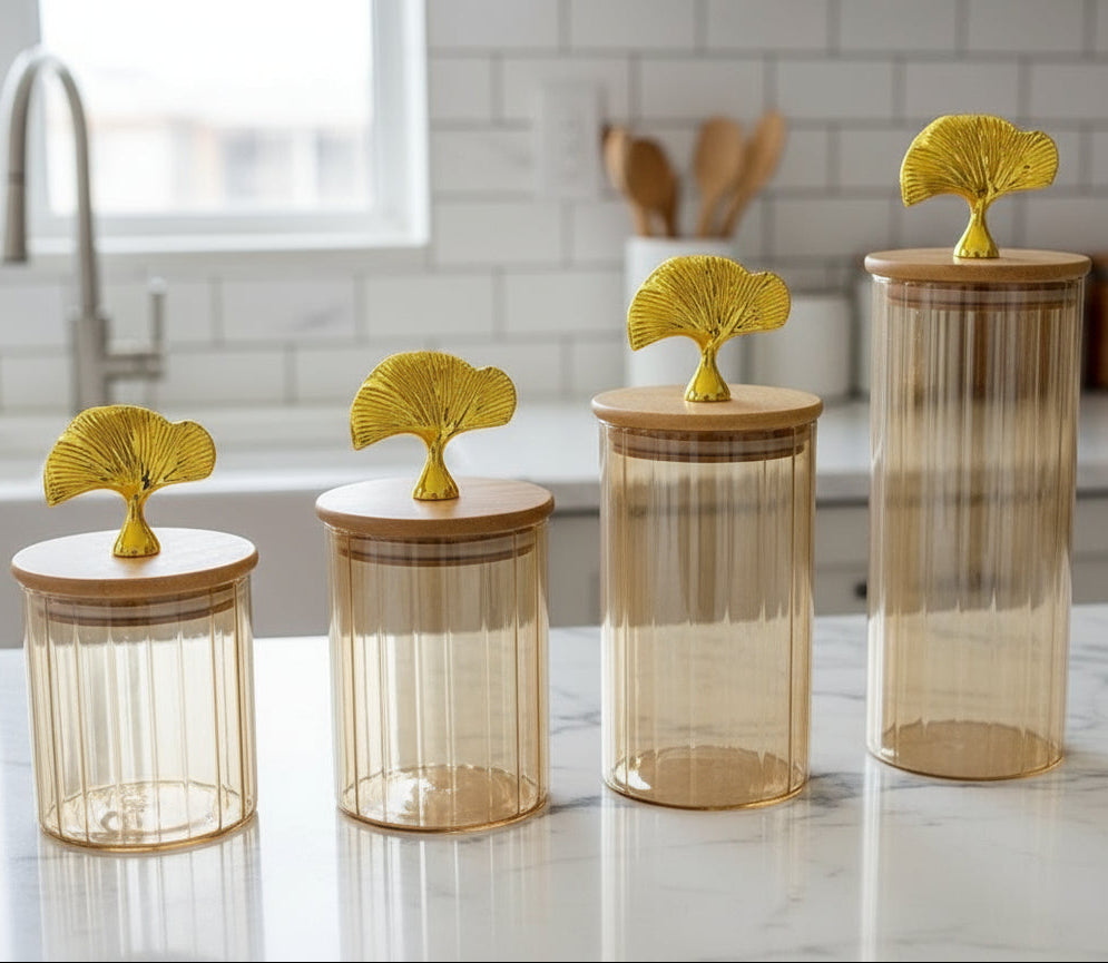 Inttox-Set de bocaux décoratifs en verre irisé  avec couvercles en bois et poignée dorée