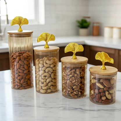 Inttox-Set de bocaux décoratifs en verre irisé  avec couvercles en bois et poignée dorée