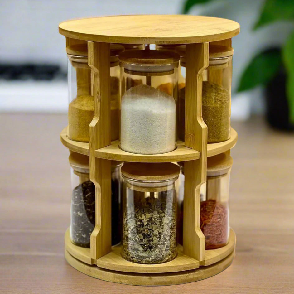 Inttox-🌿 Ensemble de Pots de Rangement en Verre avec Couvercle en Bambou et Support Rotatif 🍶✨"