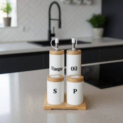 Inttox- Set d’assaisonnement Huilier, Vinaigrier, Sel & Poivre avec plateau en bambou