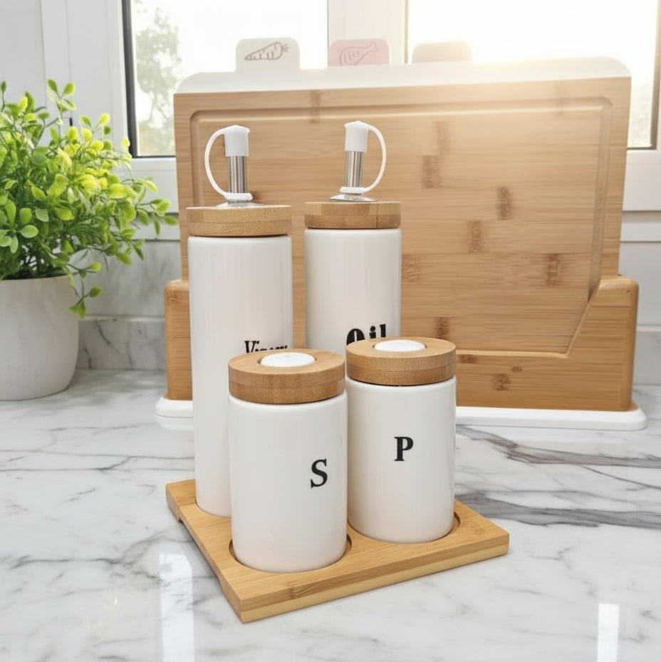 Inttox- Set d’assaisonnement Huilier, Vinaigrier, Sel & Poivre avec plateau en bambou