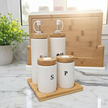 Inttox- Set d’assaisonnement Huilier, Vinaigrier, Sel & Poivre avec plateau en bambou