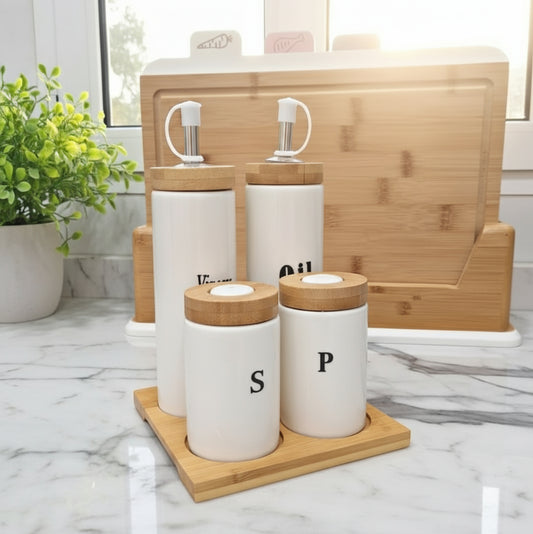 Inttox- Set d’assaisonnement Huilier, Vinaigrier, Sel & Poivre avec plateau en bambou