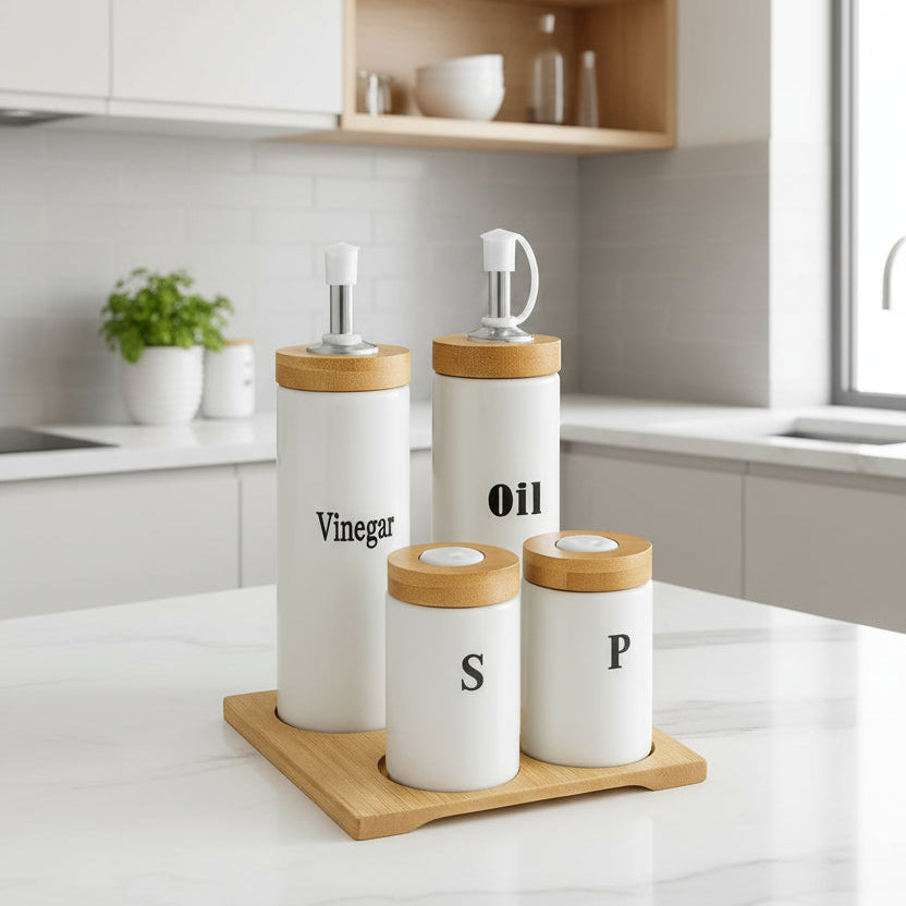 Inttox- Set d’assaisonnement Huilier, Vinaigrier, Sel & Poivre avec plateau en bambou