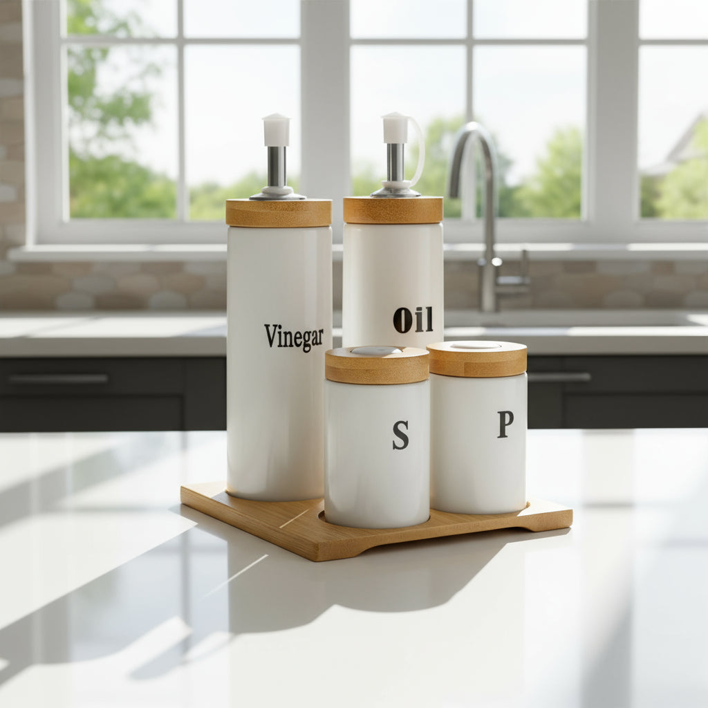 Inttox- Set d’assaisonnement Huilier, Vinaigrier, Sel & Poivre avec plateau en bambou