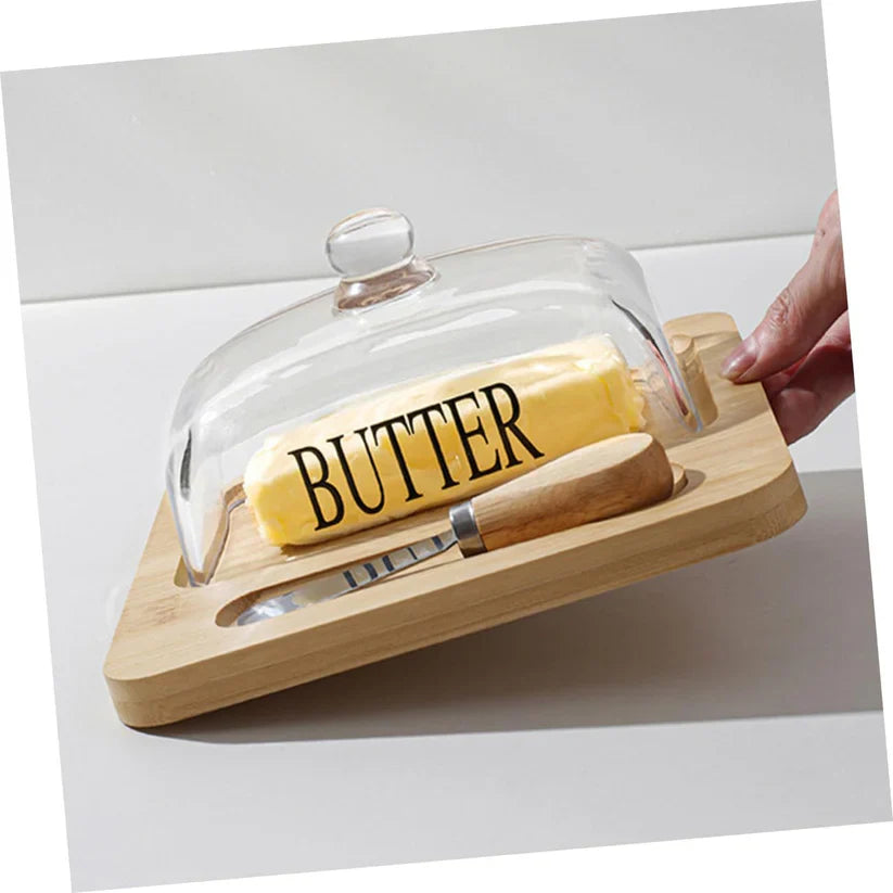 Inttox-🧈 Beurrier Chic – Couvercle en Verre & Plateau en Bambou Naturel 🌿