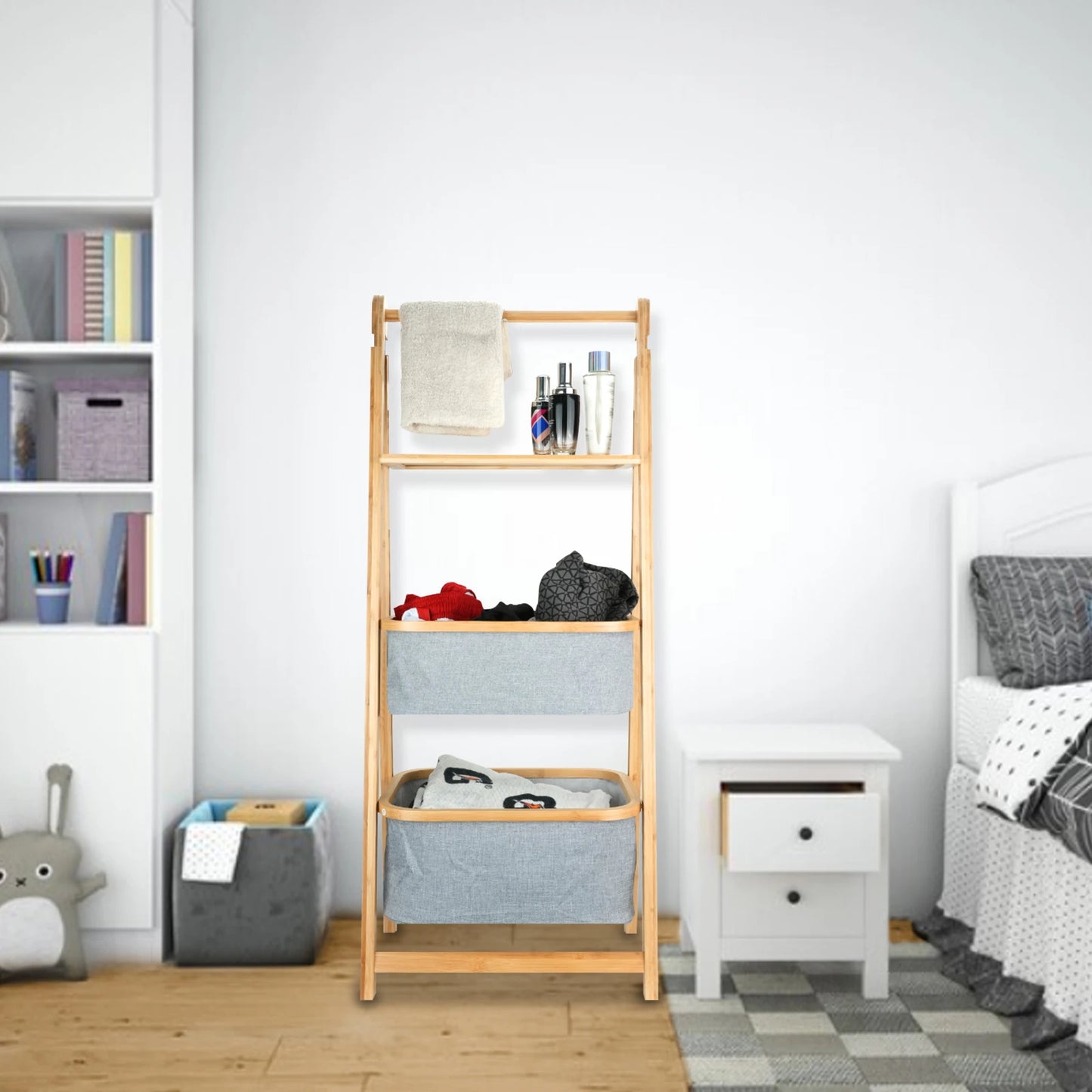 Inttox-Étagère de Rangement Pliable à 3 Niveaux en Bambou avec 2 Paniers en Tissu pour Salle de Bain