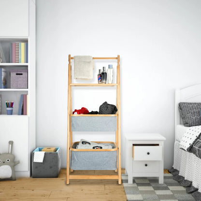 Inttox-Étagère de Rangement Pliable à 3 Niveaux en Bambou avec 2 Paniers en Tissu pour Salle de Bain